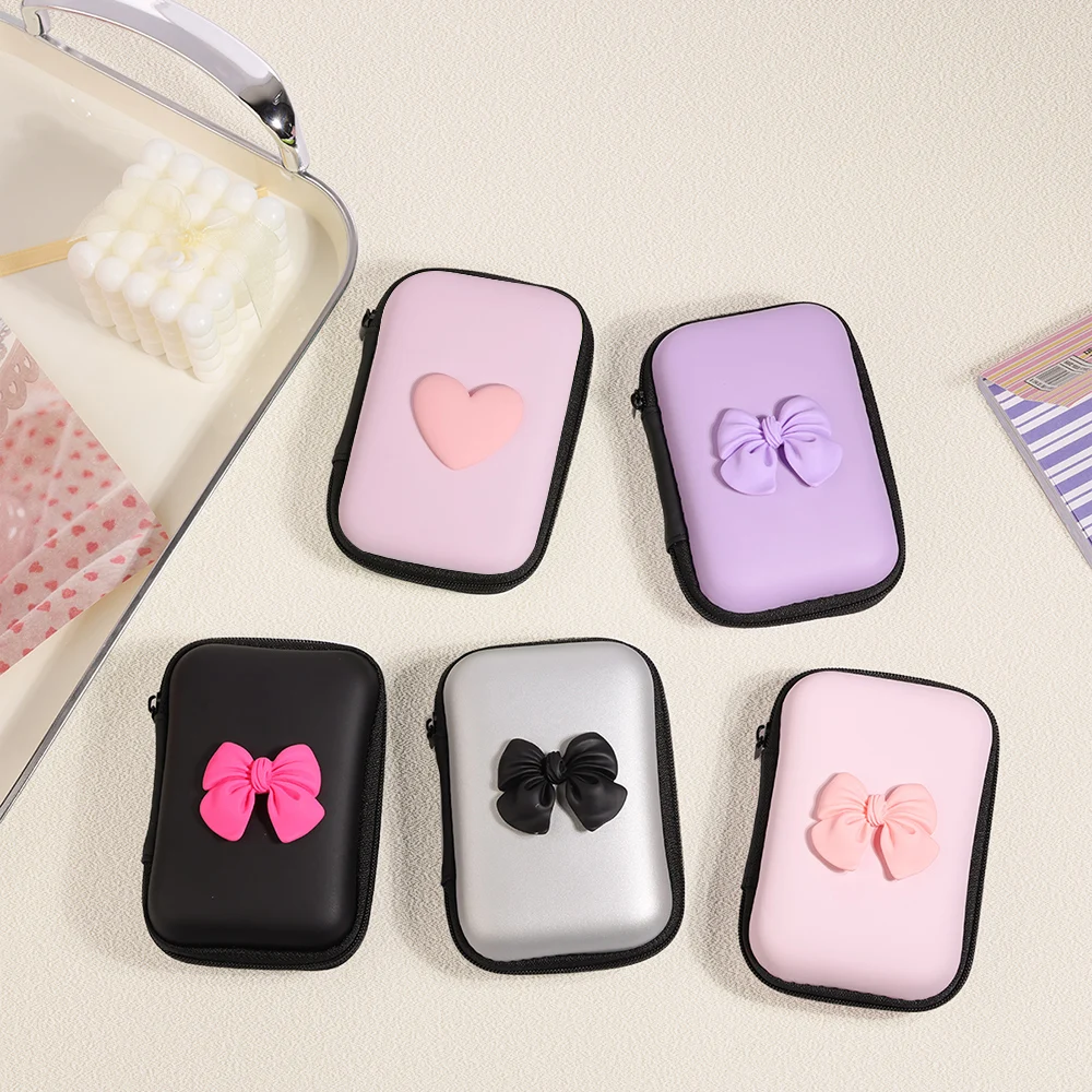 Storage Bag Travel Storage Bag Portable Charging Case USB Data Cable Organizer Headset Cable Bag Square Zipper With 3D Love Bow Pattern storage bag