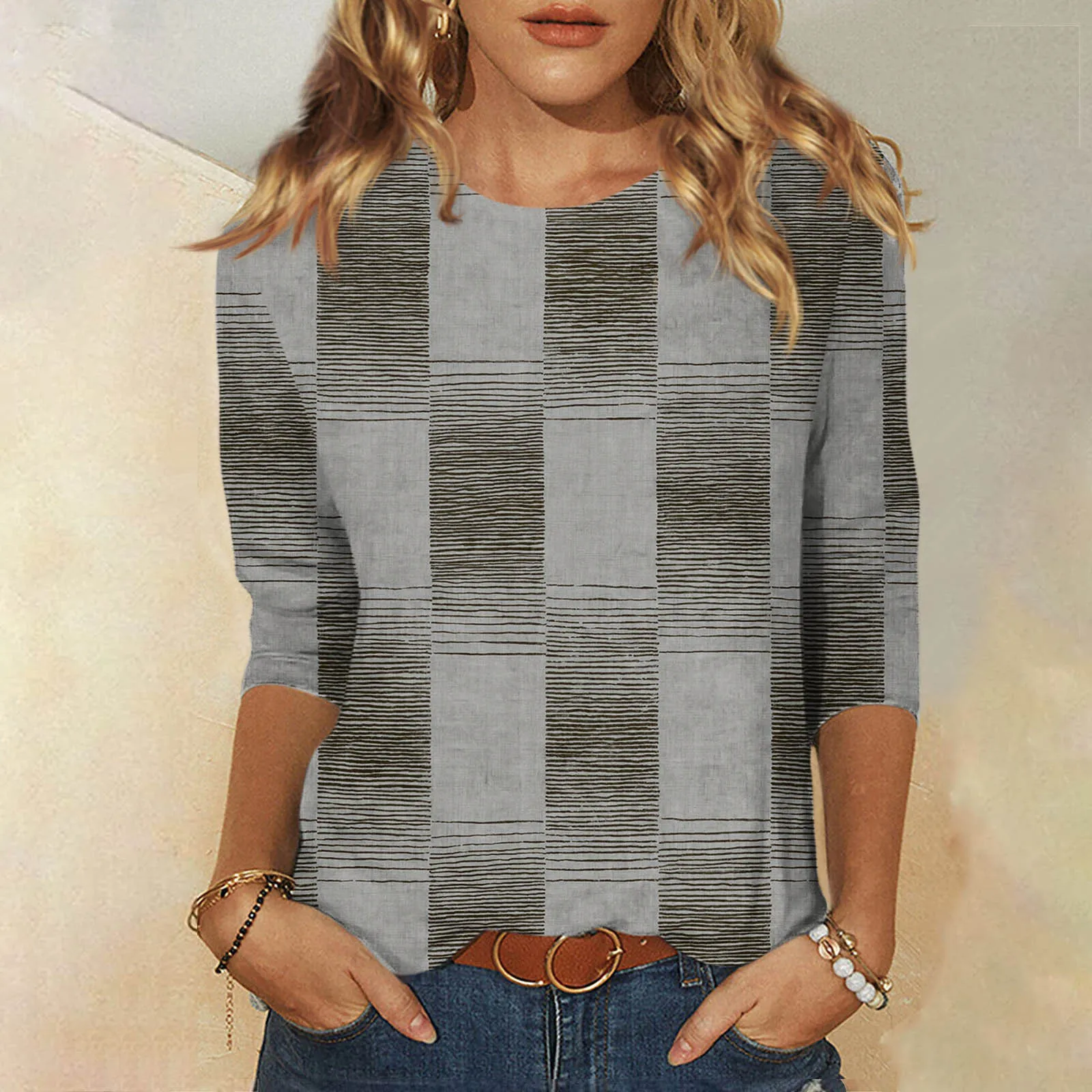 

Женские летние топы, круглый вырез, рукав три четверти, удобная футболка с принтом, блузка, футболки, женские Рабочие Рубашки, женские летние