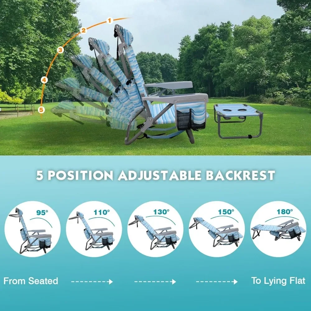 Backpack Folding Beach Chairs Set of 2 for Adults Heavy Duty 350Ibs with Camping Table Portable Lay Flat Beach Chair 5
