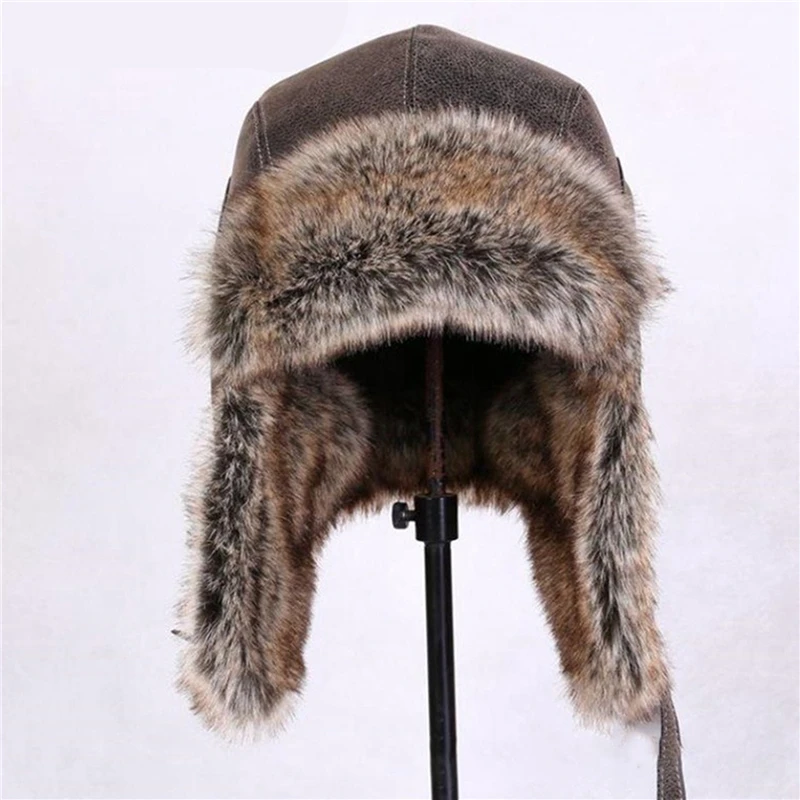 

Winter Hat Men Women's Pilot Aviator Bomber Trapper Hat Faux Fur Leather Snow Cap With Ear Flaps Windproof Warm Lei Feng Hat