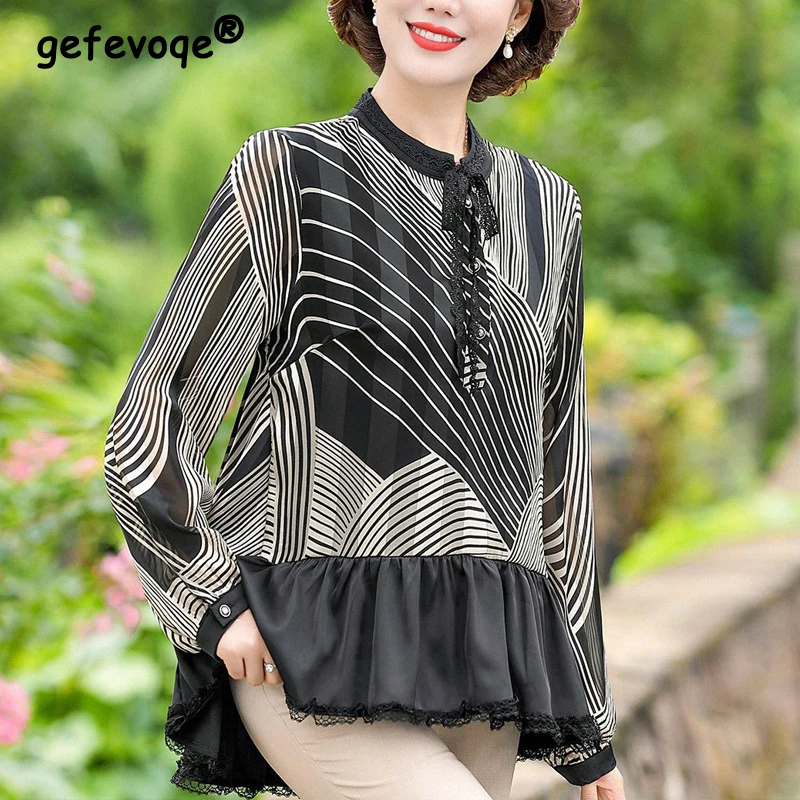 Middle Aged Elderly Women Fashion Striped Print Lace Patchwork Blouse Elegant Chic Irregular Shirt Ladies Long Sleeve Loose Tops 2023 latest fashion middle and elderly sheep fleece warm vest