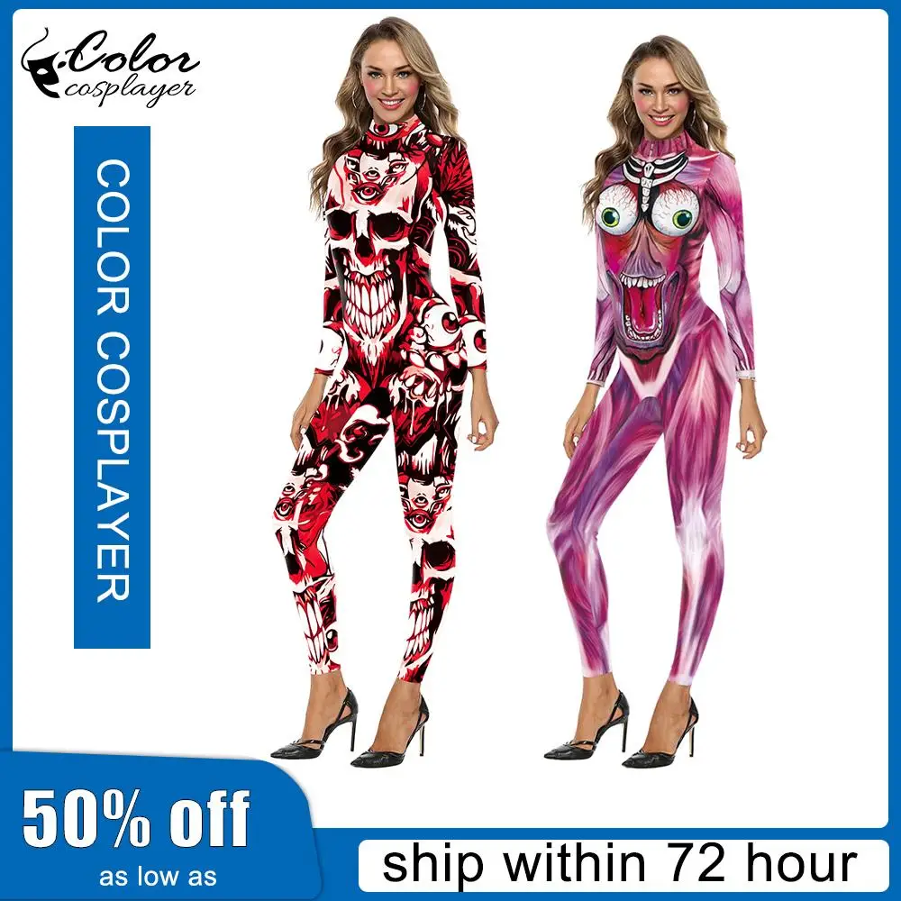 

Color Cosplayer Catsuit Halloween Costume Bodysuit Cosplay Anime Jumpsuit Carnival Zentai Horror Style Skull Print Clothes