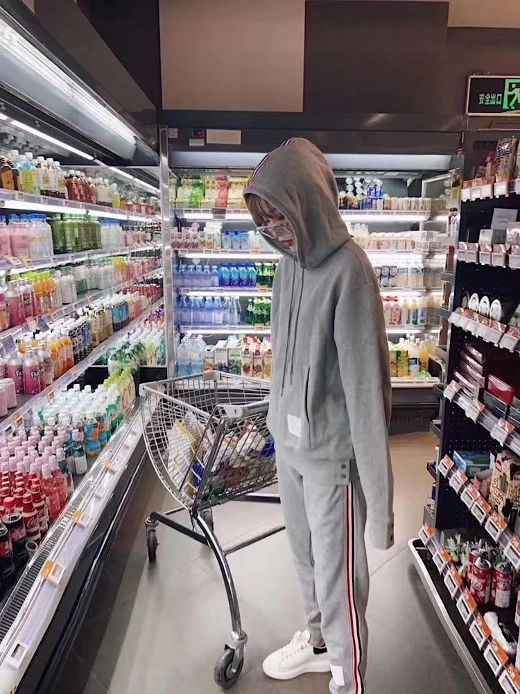 

cotton TB back color striped webbing sweater hooded pullover loose men's and women's same style pocket jacket