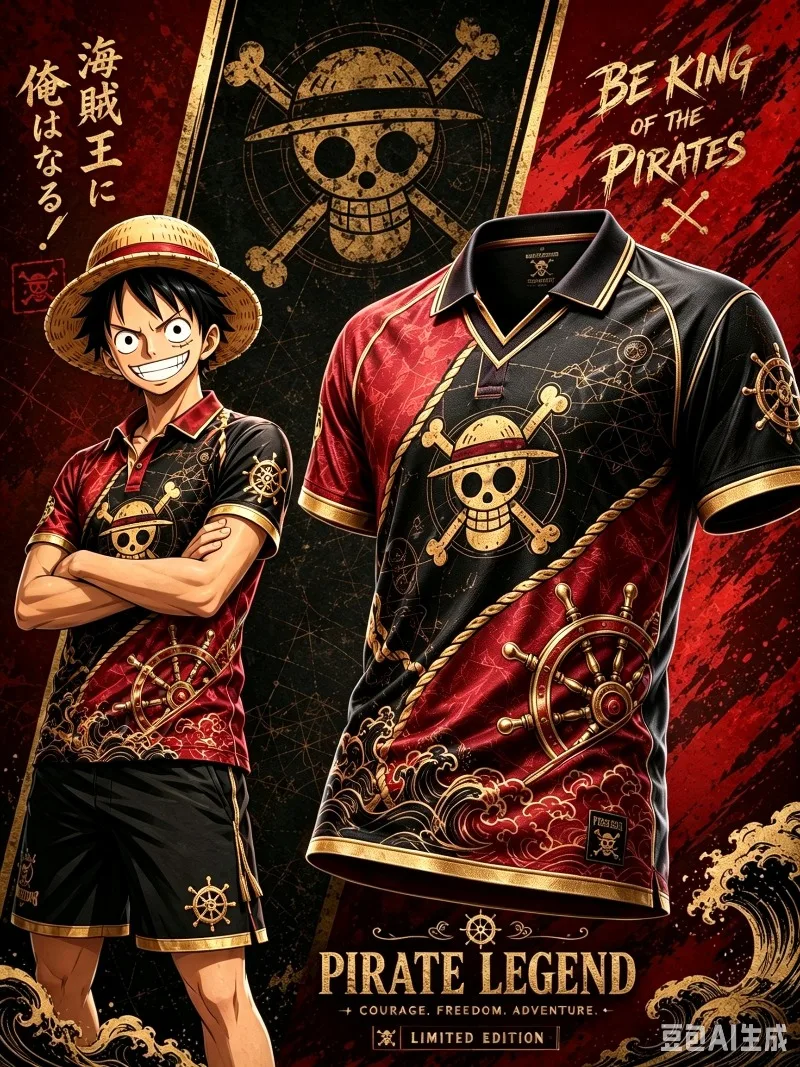 2026_27 Neues One Piece Luffy Series Fußballtrikot mit Kragen, Modisches Streetwear für Männer und Frauen, Unisex Anime Sportbekleidung, Familien-Partnerlook