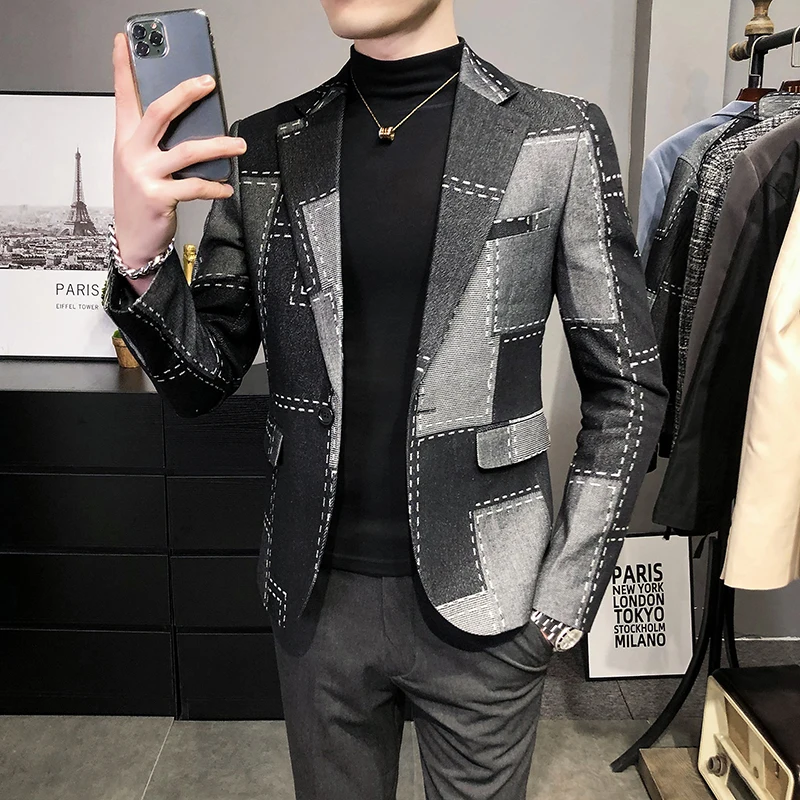 Spring Autumn Blazers Men Slim Fit British Plaid Formal Suit Jacket Party Wedding Business Casual Blazers Male Slim Coat mens blazer