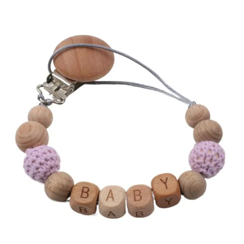 Handmade Personalized Name Wood Baby Pacifier Clip Crochet Beads Chain Holder