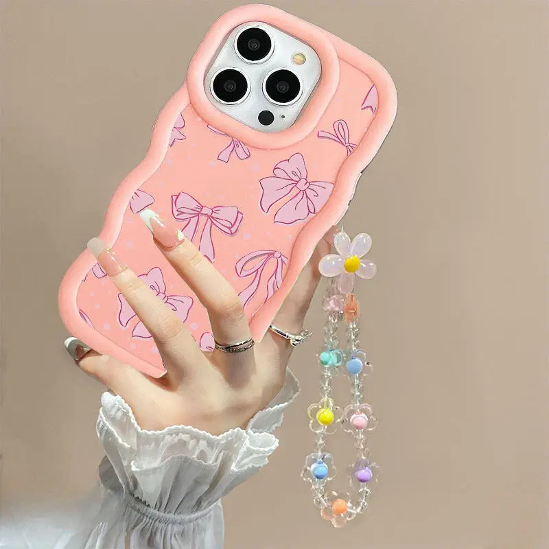 Bow Flower Lanyard Wavy Edge Phone Case