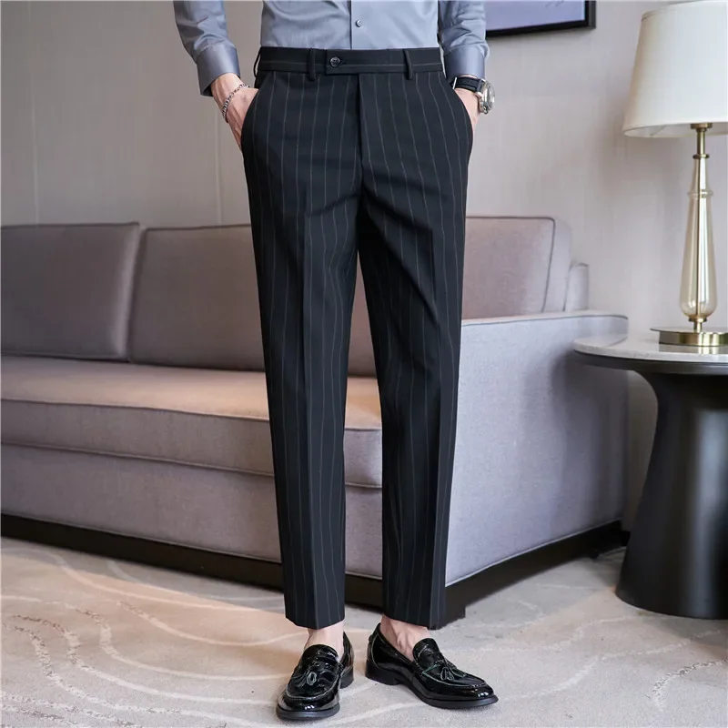 Men's Striped Suit Pants Elastic Autumn New Social Casual Trousers Slim Fit Suit Pants Business Office Wedding Men Clothing