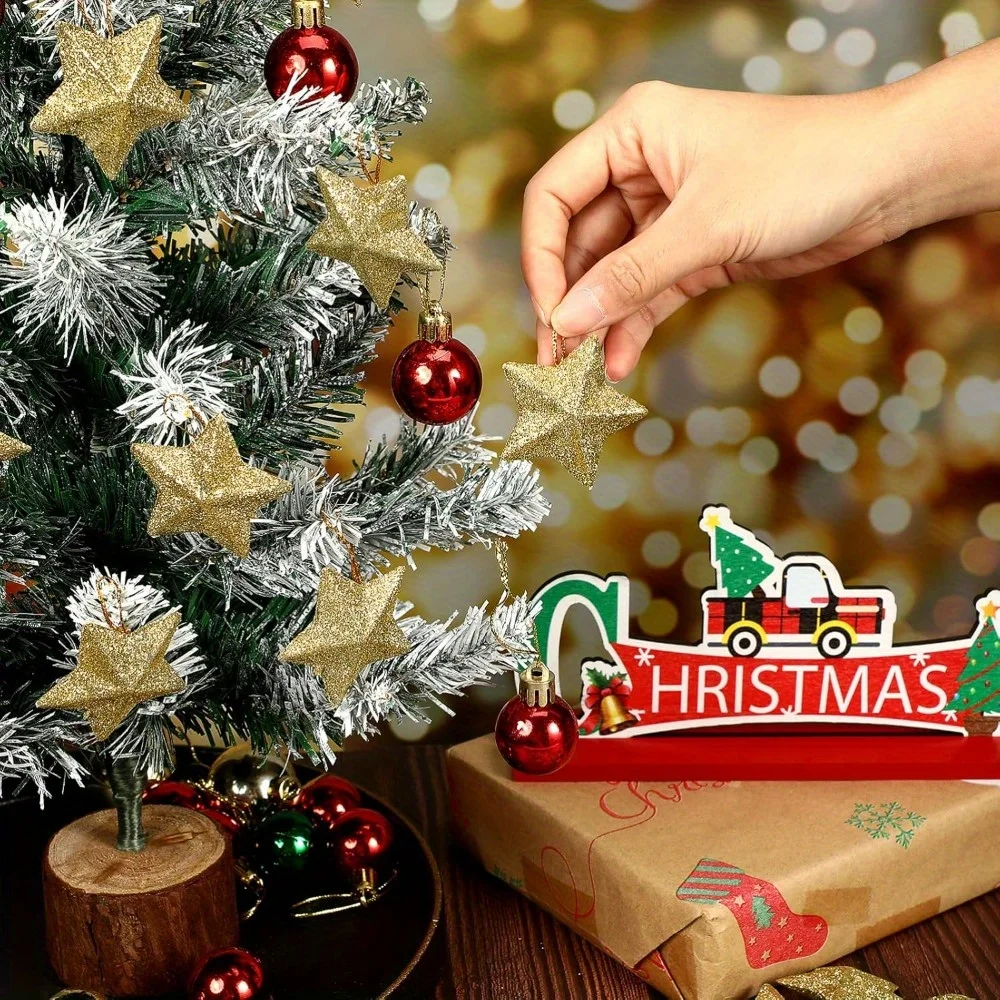 14pcs Glitter Star Pendant Christmas Tree Mini Hanging Stars Christmas Decorations for Party and Home Festive Creative Design