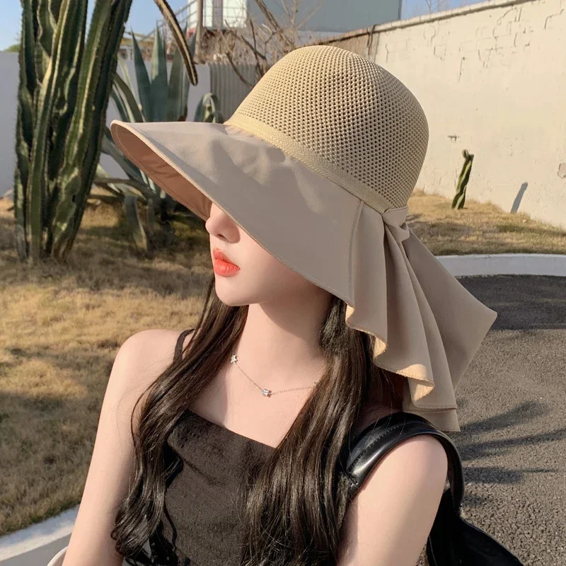 Summer Women Bucket Hat With Shawl Lightweight Breathable Mesh Face Neck Protection Sun Hat Bow Pleat Beach Cap Design Travel