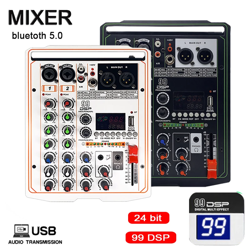 

99 DSP Effects Audio Mixer 4 Channel Portable DJ Sound Mixing Console USB Interface Computer Recording 48V Phantom Power Monitor