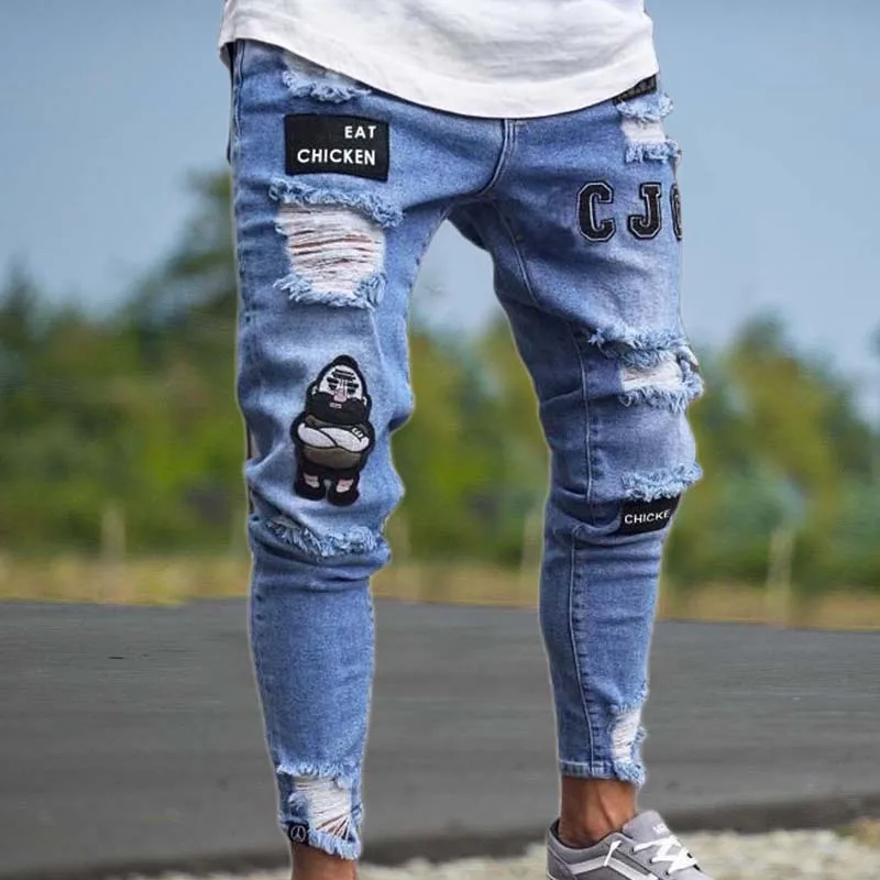 Four Seasons Youth Fashion Jeans Men's Tight Stretch Pencil Pants Denim Cotton Frayed Sports Letters Trousers Badge Men's Pants