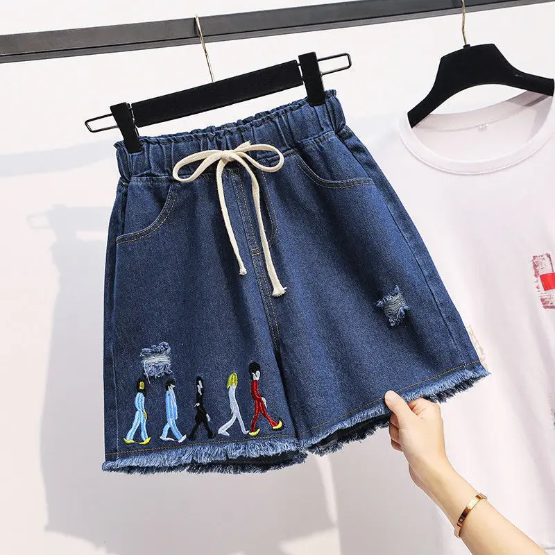 Women's Fashion All-match Spliced Denim Shorts Summer Korean Casual Solid Elastic Drawstring Wide Leg Shorts Female Clothing