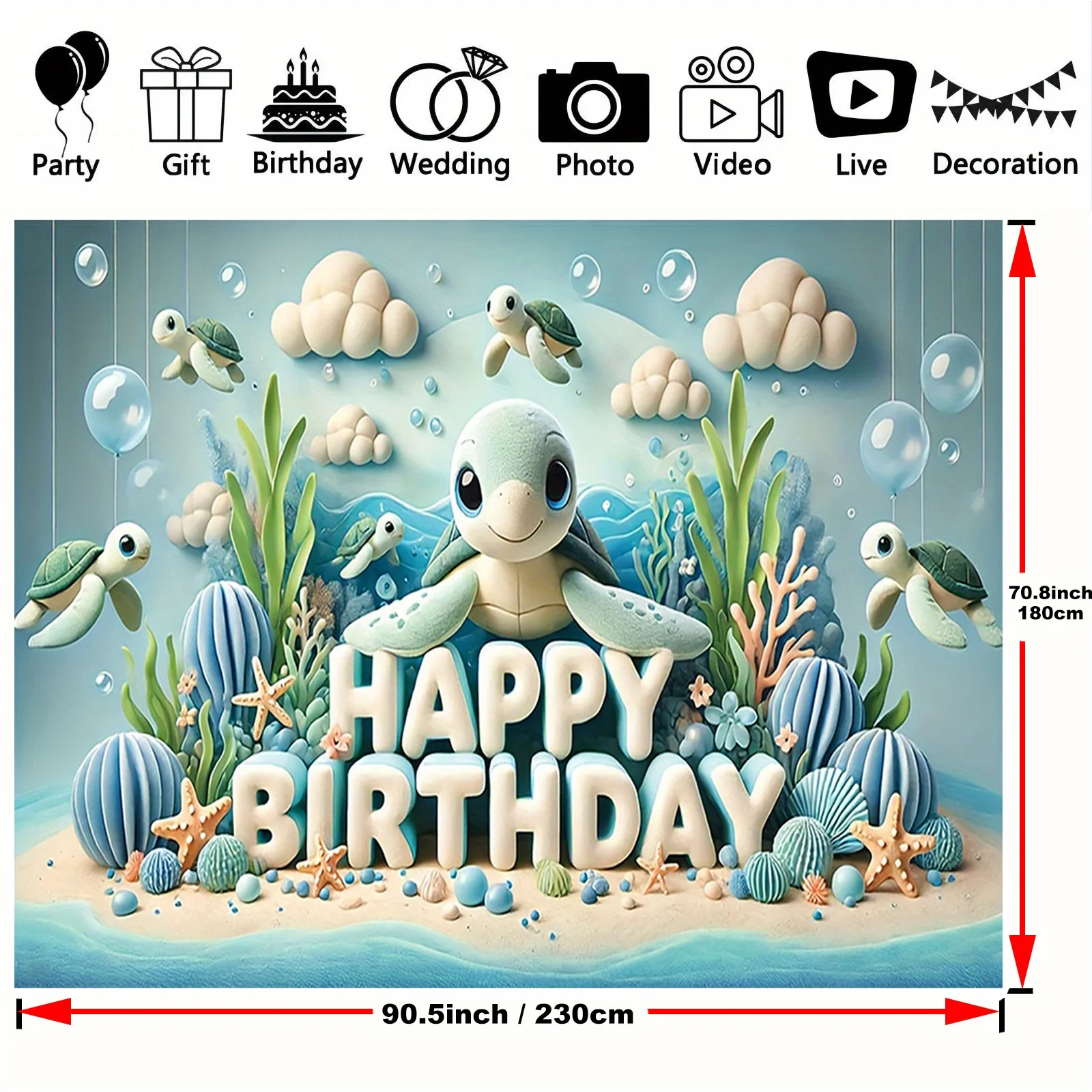 1 süßes „Happy Birthday“-Banner mit Schildkrötenmotiv – lebendiger Polyester-Hintergrund mit bunten Meeresbewohnungen und Schildkrötenverzierungen – Detail 7
