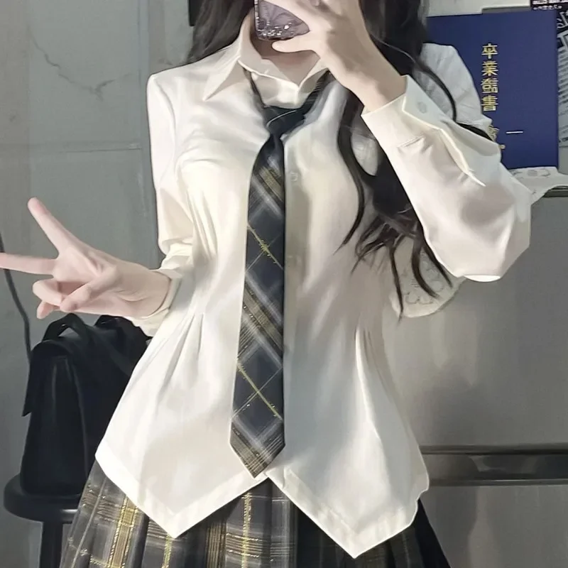 Y2K Beige Shirts Women Streetwear Tunic Long Sleeve Crop Tops Students Jk Preppy Korean Fashion Basic Slim All Match Blouses New