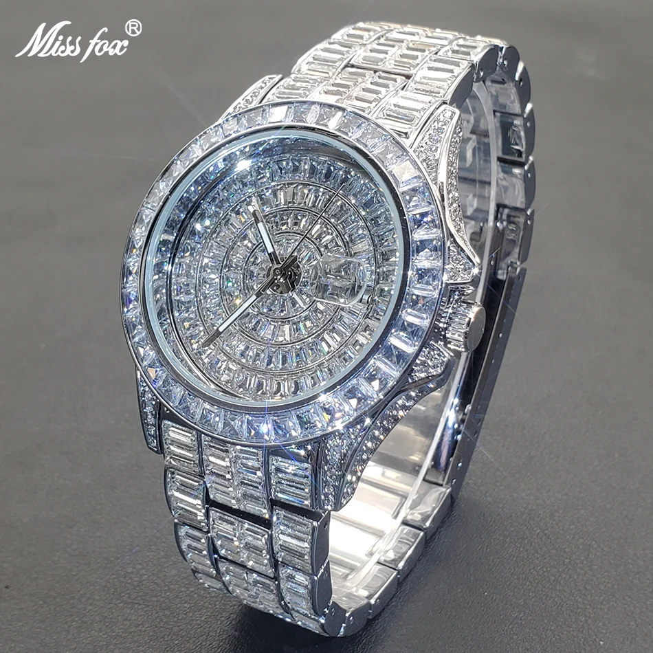 MISSFOX Hip Hop Watch For Men Top Brand Luxury Baguette Diamond Man Watches High Quality Stainless Steel Round Silver Clock 2022