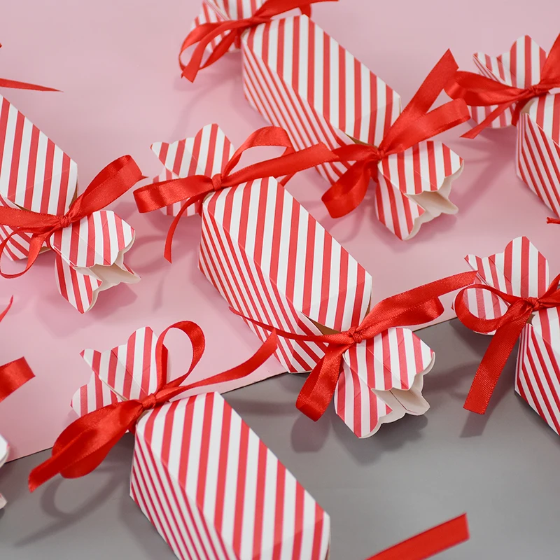 5–10 Stück fröhliche rot gestreifte bonbonförmige Boxen, Hochzeitsbevorzugung, Geschenkbox mit Band, für Kinder, Weihnachten, Geburtstag, Party, Cracker-Box, Dekor – Detail 6
