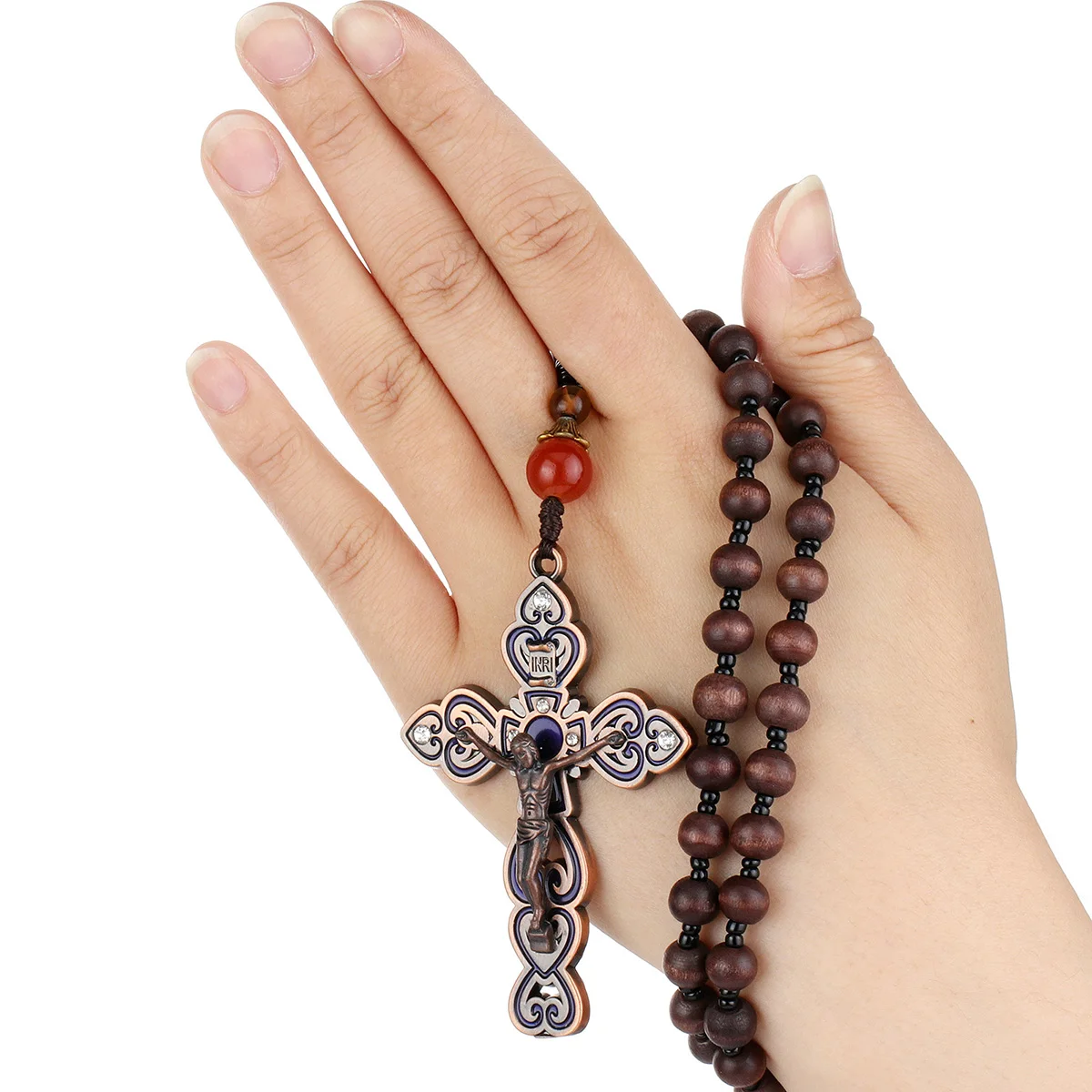 Catholic Cross Necklace with Wooden Beads Rosary Religious Wear Jesus  Carved Crucifix Pendant Chain Christian Prayer Christmas Jewelry Gifts for  Men Women 