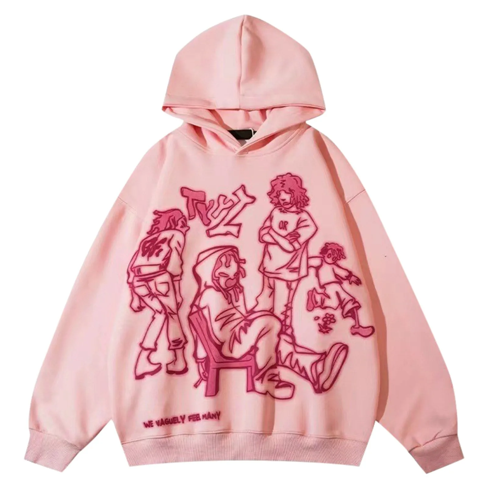 

Pink Hoodie Streetwear Hip Hop Cartoon Boy Graphic Print Hooded Sweatshirt Y2k Men 2023 Fashion Loose Pullover Hoodies Harajuku