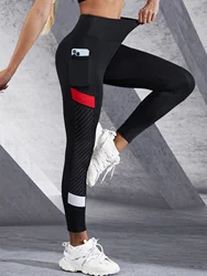 Colorblocked Mesh High Waist Tummy Control Yoga Leggings with Side Pockets - M (Black)