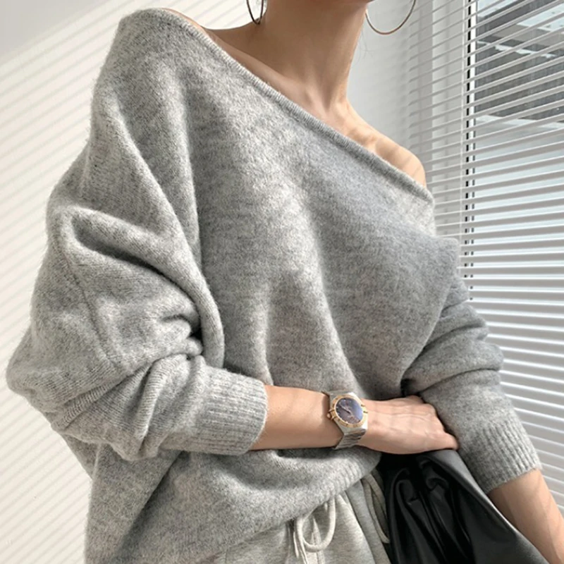 

Autumn Slash Neck Mohair Pullovers Women Korean Off Shoulder Knitted Sweater Tops Loose Winter Outwear Soft Warm Jumpers 28921