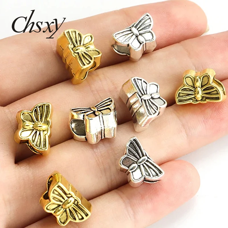 

10pcs Vintage Butterfly Metal Beads Antique Silver Gold Color Big Hole Spacer Beads for DIY Making Jewelry Findings Accessories