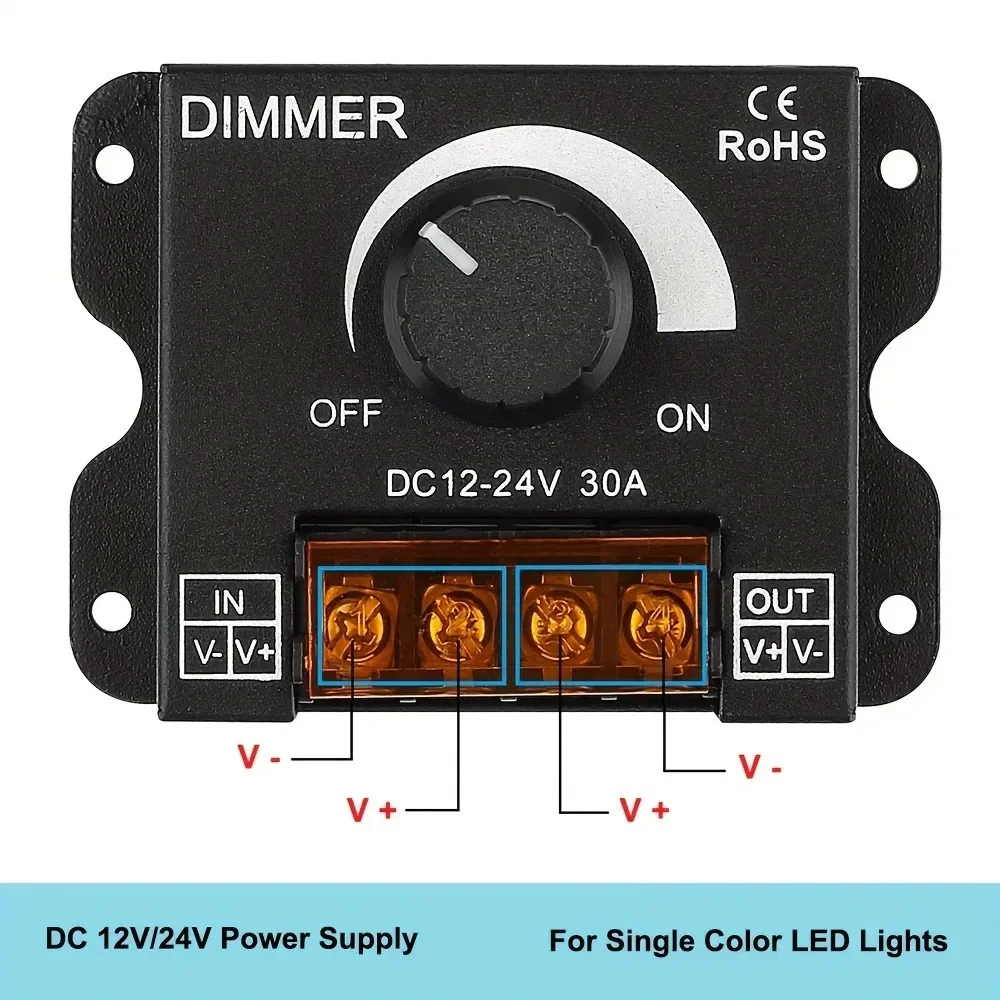 DC 12V-24V LED Dimmer Switch 30A LED Monochrome Controller PWM Digital Stepless Dimming for Lamp Strip Single Color Lamp