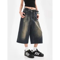 Plus Size American Retro Distressed Wide Leg Seven-Foot Women's Shorts Summer High Street Design Sense Loose Fit Jeans Shorts