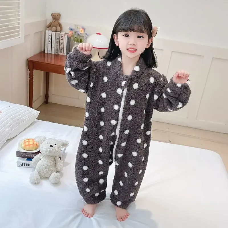Girls' Jumpsuit Winter Coral Fleece Sleeping Bag New Girls' and Children's Flannel Home Clothes for Boys Polka Dot Rompers