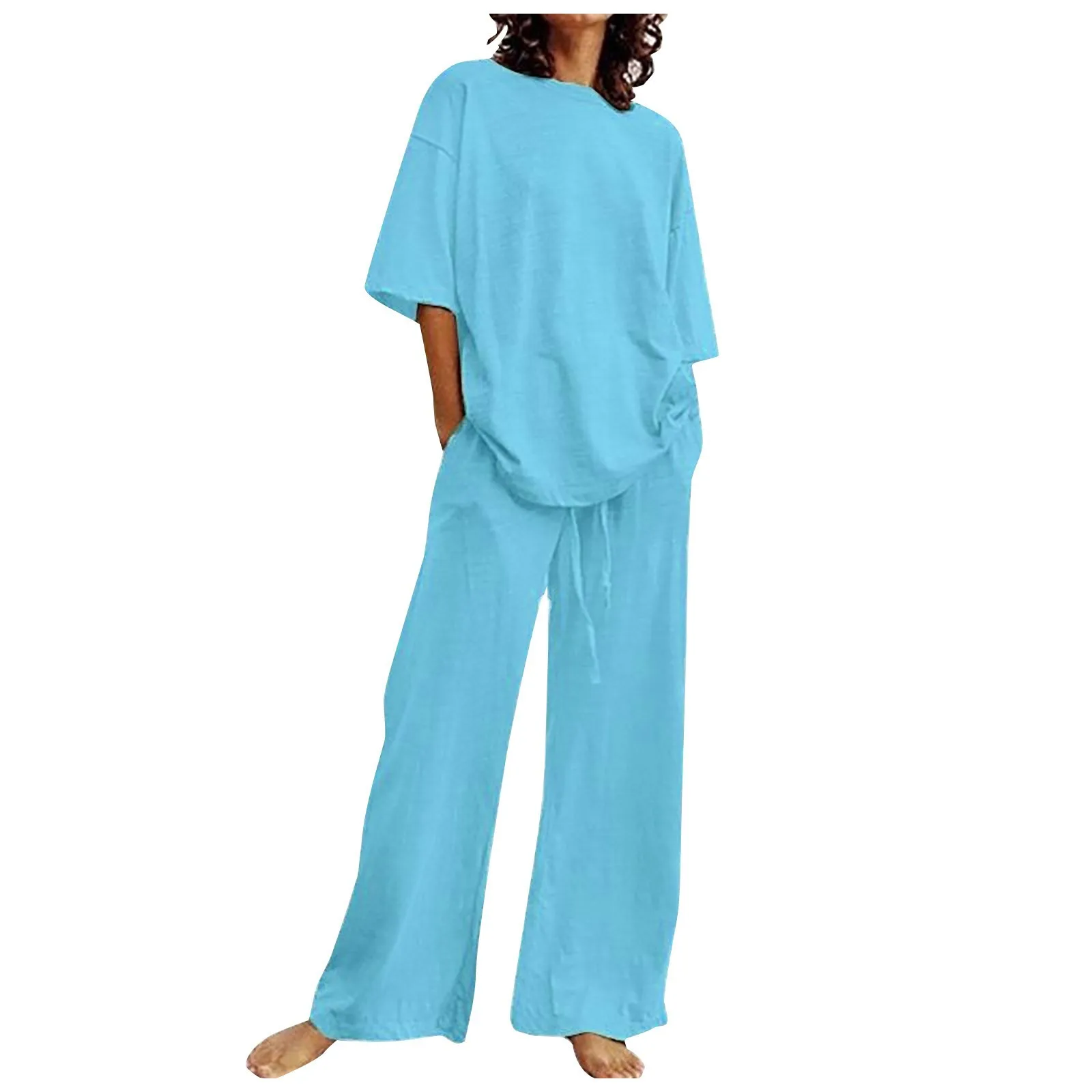 

Summer Cotton And Linen 2-Piece Set For Women Unisex Loose Casual Short-Sleeved T-Shirt Top Drawstring Trousers Sportswear