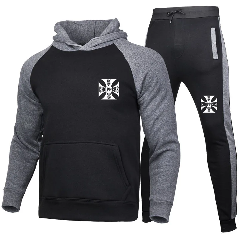 

New Men's Sweatshirt Set West coast logo print High Quality Fleece Contrast Color Hooded Sweatshirt + Sweatpants Hip Hop set