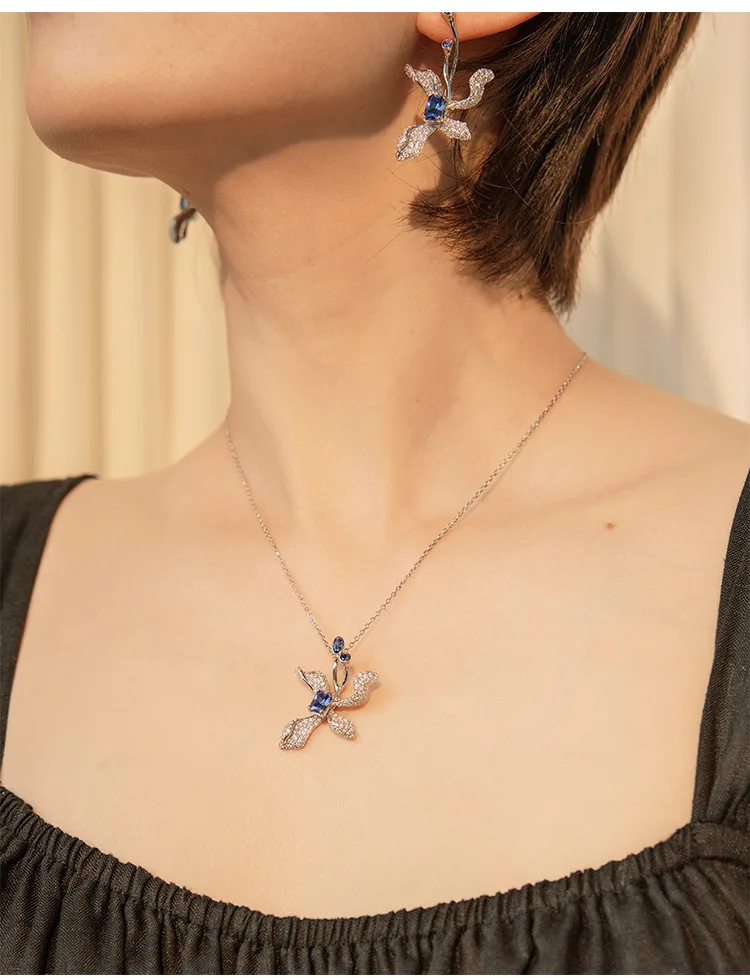 

Tanzanite Blue Niche Light Luxury S925 Sterling Silver Necklace Chain Women's Simple Senior Sense Iris Earring Jewel 2 Pcs Sets