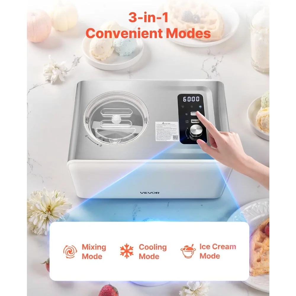 VEVOR Self-Contained Ice Cream Machine - 2 Quart Gelato & Sorbet Maker with Compressor, 3 Operating Modes