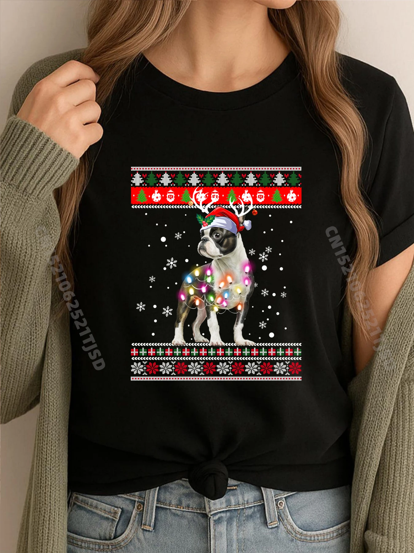 Gift Ugly Sweater Christmas Boston Terrier Father Day Tops & Tees Cute Crew Neck 100% Cotton Fabric Tee Shirts Mens Tshirts Ugly Sweater Christmas Boston Terrier Dog Puppy Xmas Pajama black