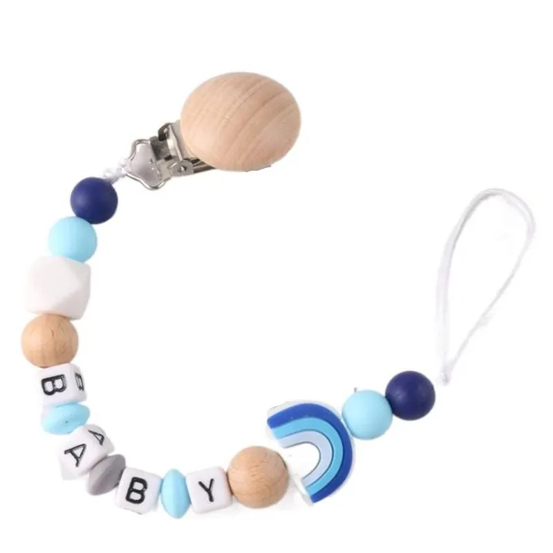 Custom English Letter Name Silicone Rainbow Beads Baby Pacifier Chain Clip Teether Pendants Kawaii