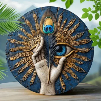 🏛 Vintage Greek Evil Eye Wall Art – Blue & Gold Iron Tin Sign with Feather Detail 1