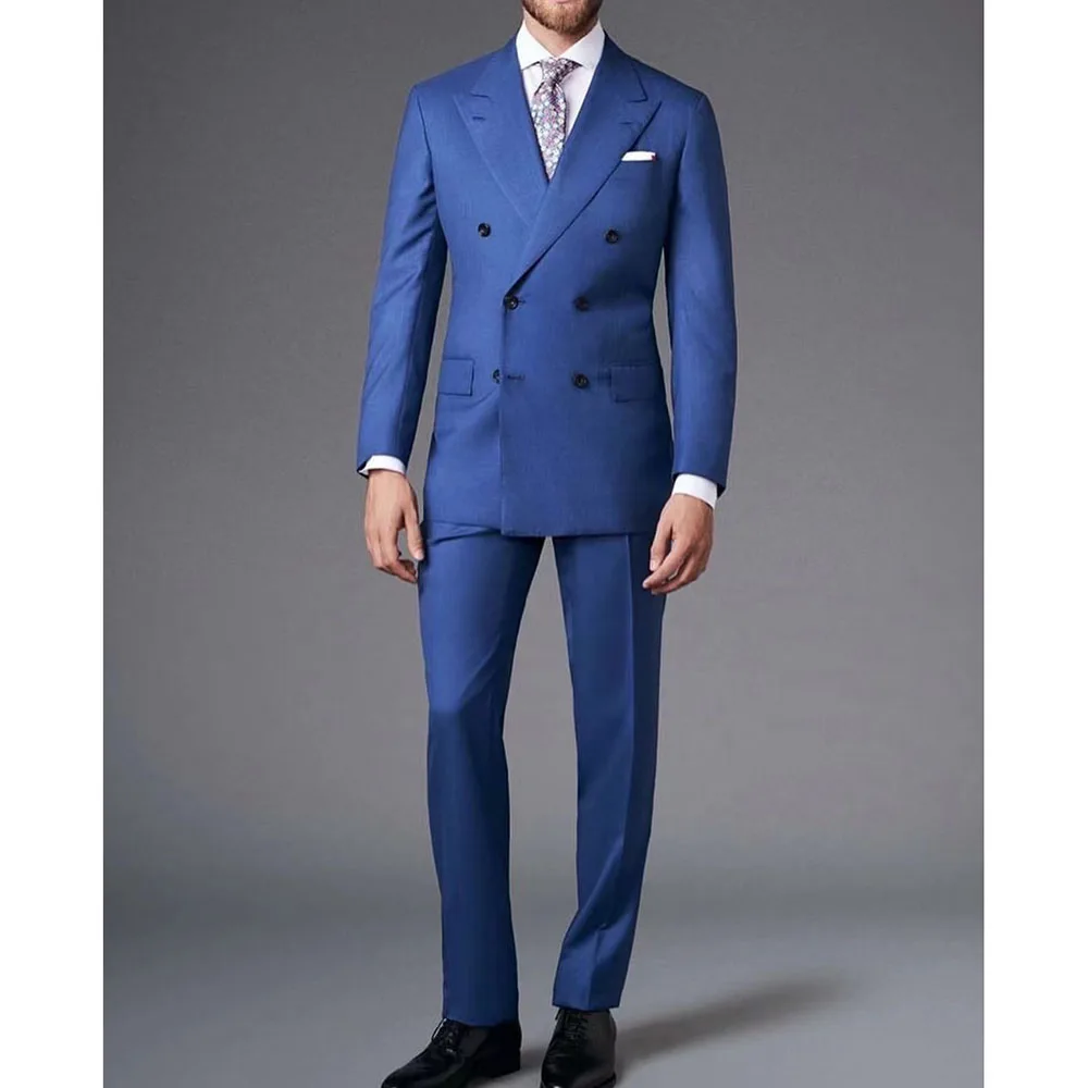 

2023 New Blue Peaked Lapel Suits For Men Business Casual Formal Costume Homme Double Breasted Slim Fit 2 Pcs Set Jacket Pants