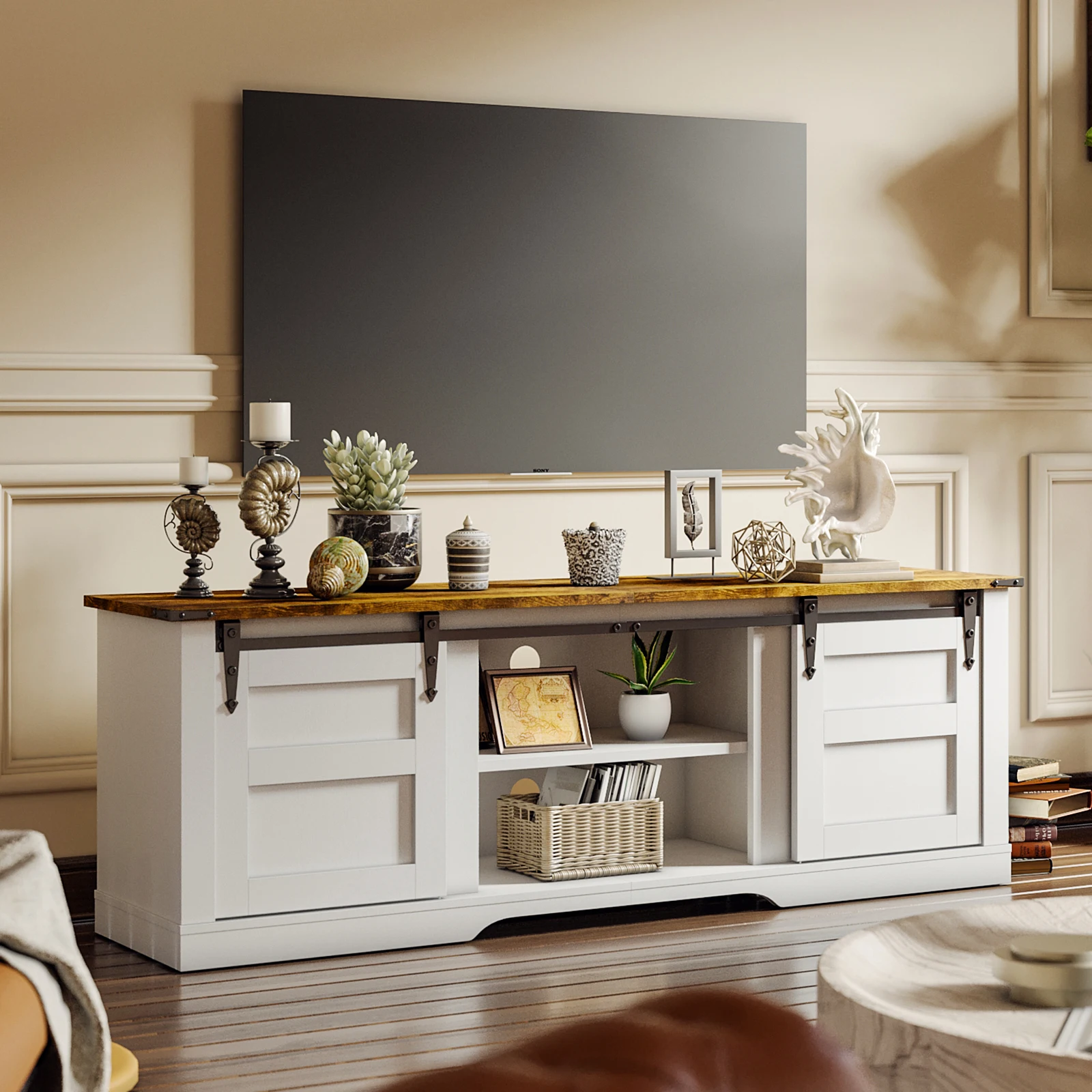 Media TV Console Table Entertainment Center with Storage Cabinets and Sliding Barn Doors Rustic Media TV Console Table For Living Room Bedroom White