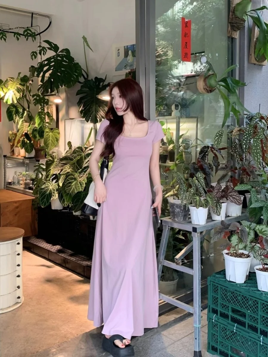 우아한 보라색 짧은 소매 드레스 스퀘어 넥 허리 장착 엉덩이 라인 긴 여름 드레스 여성을위한 2024 새로운 스타일 