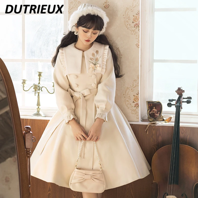 

Flower Embroidered Bow Lapel Long-Sleeved Coat Lolita Woolen Coat Red and White All-Matching Dress Autumn and Winter Overcoat
