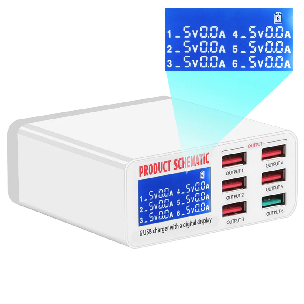 6개의 USB 충전기 허브 동시에 6개의 장치 충전 LED 화면 디스플레이 표시 충전 전압 전류 USB 고속 충전기