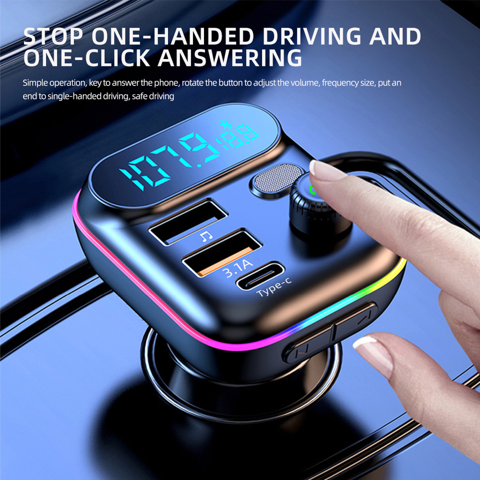 Car Fast Charge Bluetooth 5.0 FM Transmitter PD Dual Player Music Type-C Colorful Ambient MP3 Player Car charger Support TF Card