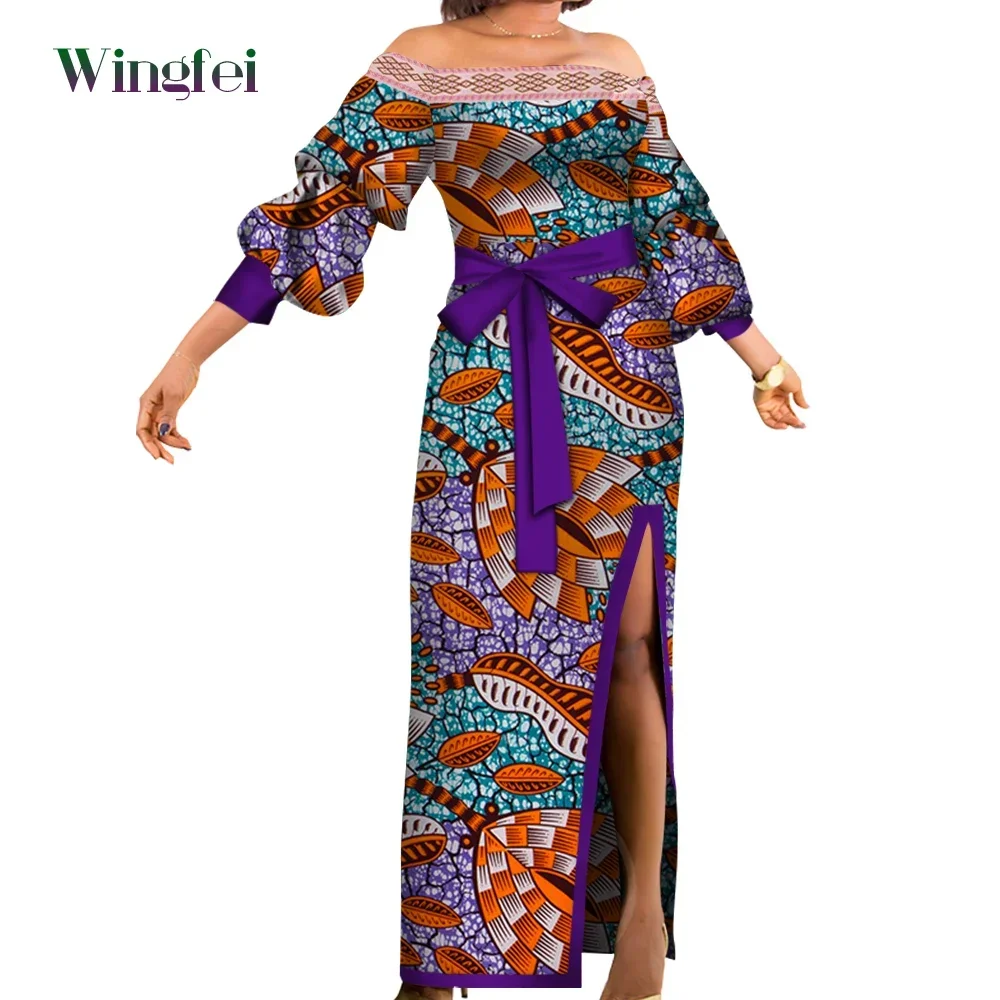 

Bazin Riche African Dresses for Woman Print Sexy Slash Neck Dresses Dashiki African Traditional Clothing Evening Gowns WY3304