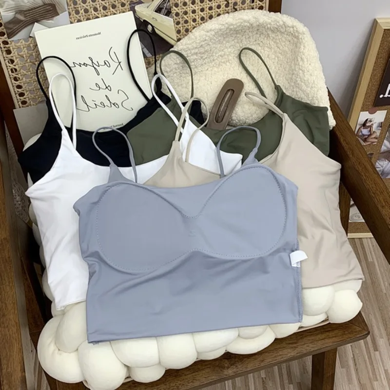 Women Summer Bra Top Ice Silk Crop Top Seamless Tube Tops Camisole Underwear Korean Fashion Solid Padded Bralette Vest