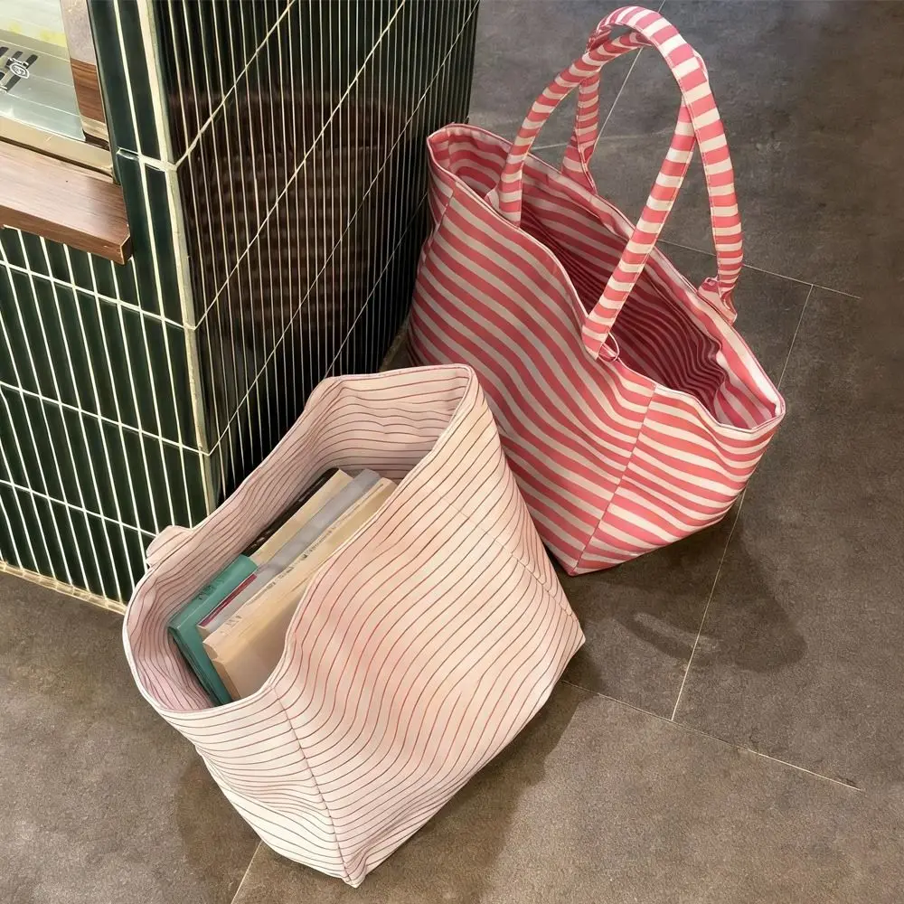 1 Stück Langlebige Große Canvas-Schultertasche Gestreifte Einfache Handtasche mit Obergriff Reise-Freizeittasche Gestreifte Tragetasche – Detail 8