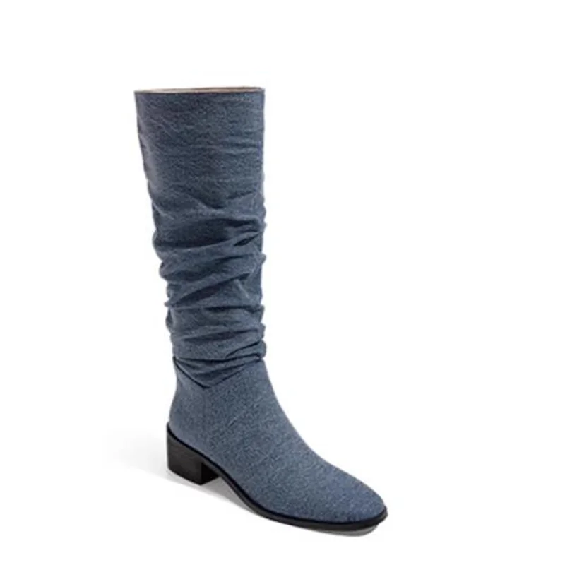 

Denim Shoes for Women Pleated Ladies Round Toes Churry High Heels Sewing Lines Calf Boots Leather Zapatos Solid Female Botas