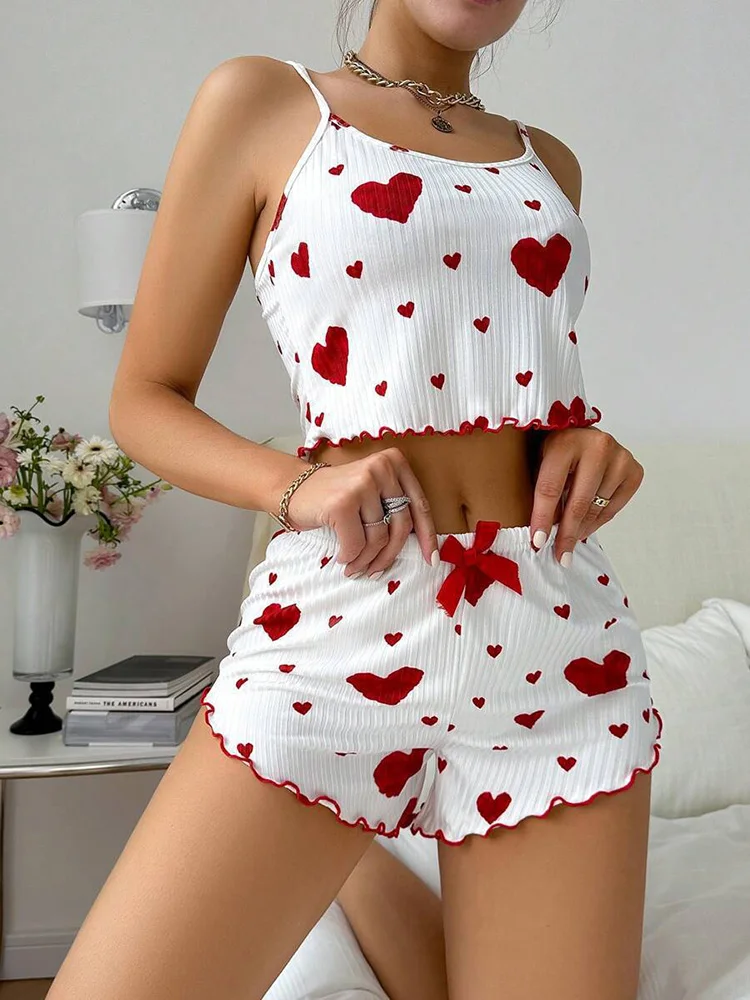 2 Pcs Women's Pajamas Set,Casual Sleepwear Printed Shorts Tank Tops And Shorts White Ventilate Soft Casual Love Printing Suits