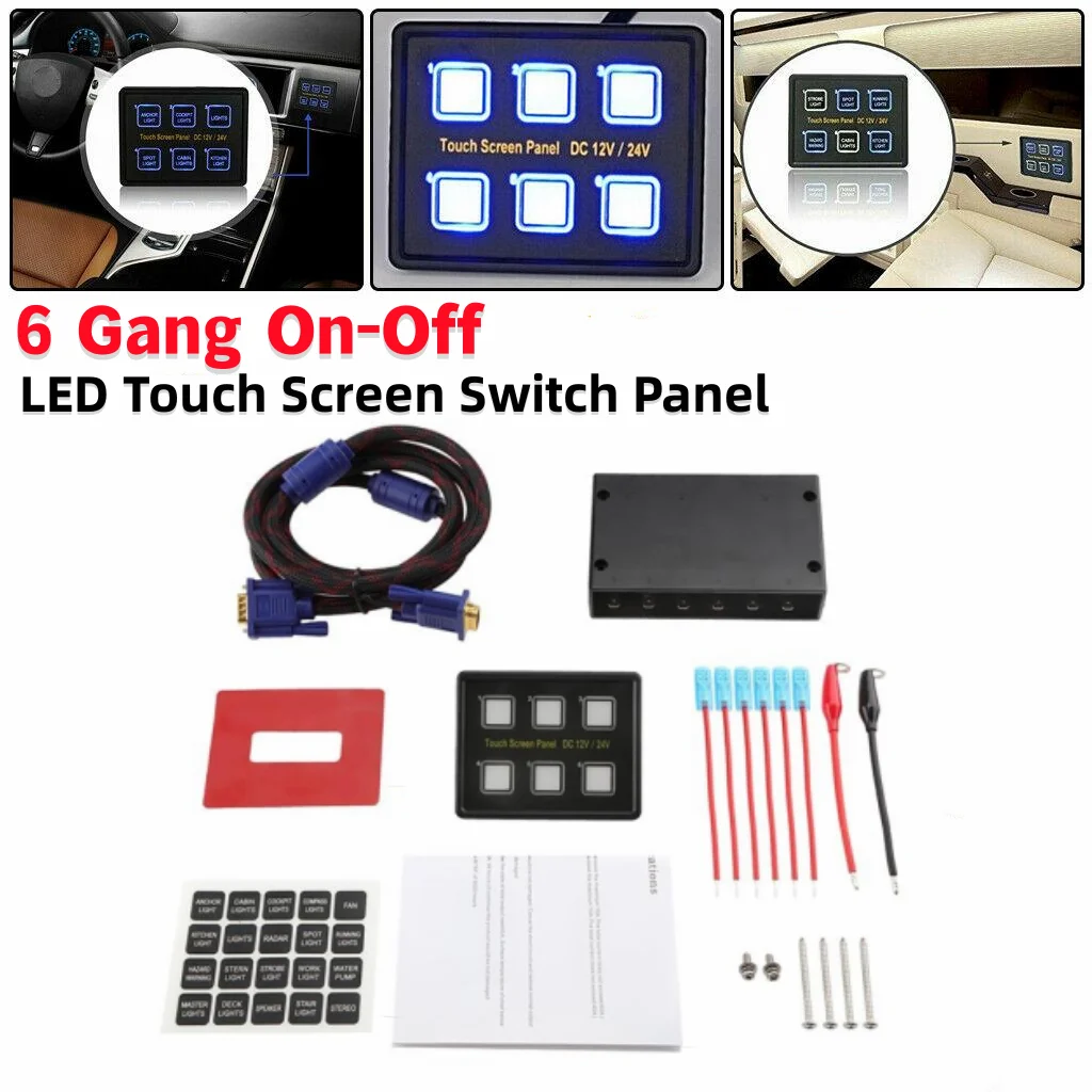 

12V 24V 6 Gang LED Switch Panel Slim Touch Control Panel Box Relays for Car Marine Boat Caravan