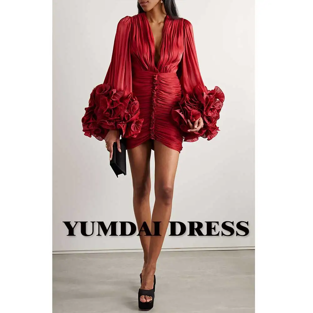 

YUMDAI Gorgeous Burgundy Sparkling Lantern Sleeve Hip Dress 2024 Bridal Wedding Party Mini Bridesmaid Dress Cocktail Party Dress