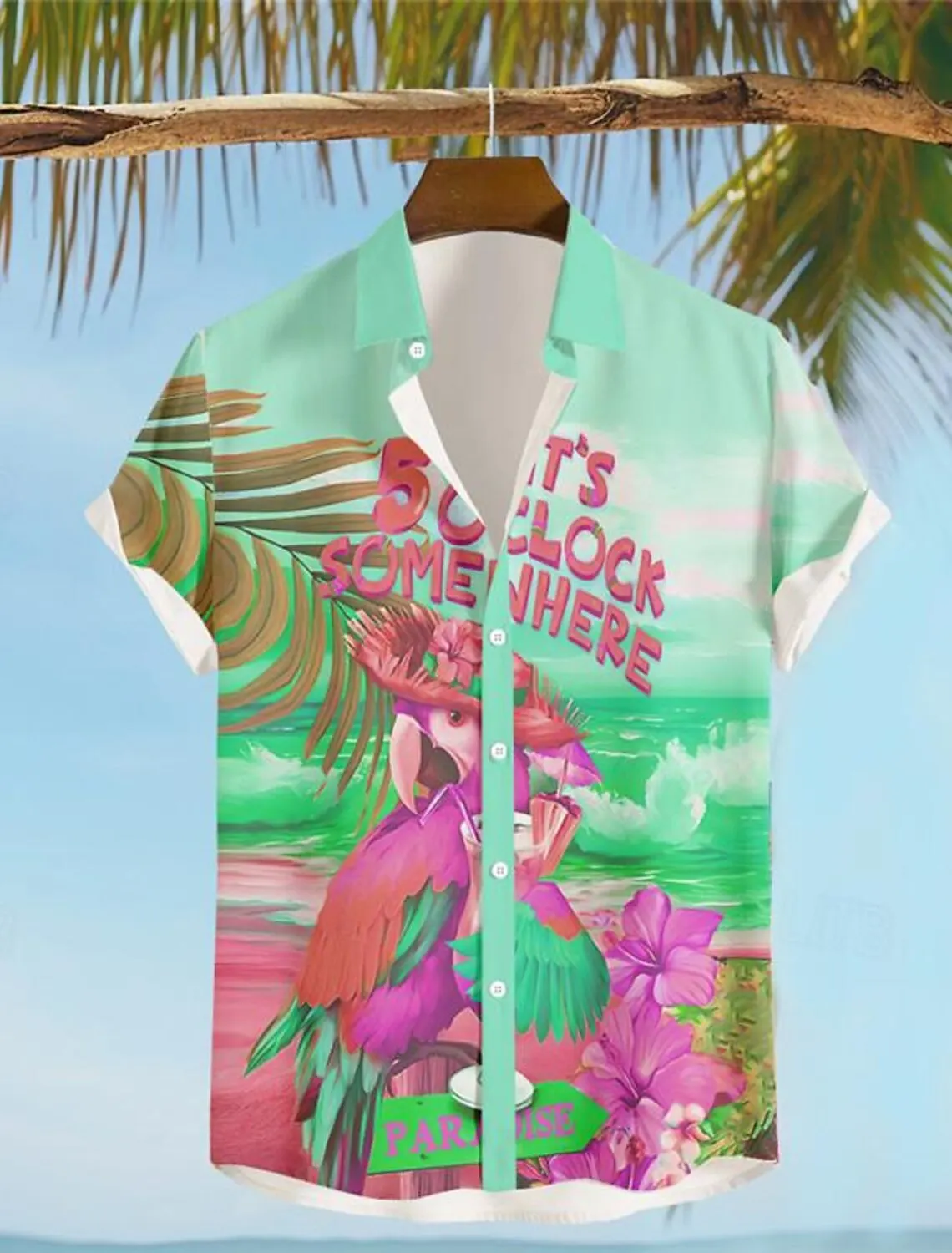 thumbnail image 1 of Son las 5 en punto en algún lugar Camisa hawaiana con estampado 3D de loro para hombre, camisa de playa de verano con botones y manga corta, ropa de vacaciones, 1 of 5